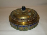 Early Brass & Champlevé Covered Dish - Lid has Jade & Coral Stones with Cobalt Finial -  Magnificent