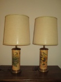 Pair Wood Column Lamps with Wrapped 