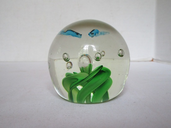 Art Glass Paperweight w/ Blue Tropical Fish Scene
