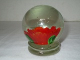 Art Glass Paperweight w/ Orange Flower Center