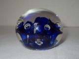 Bob St. Clair Art Glass Paperweight w/ Cobalt Floral Design