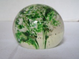 Art Glass Paperweight w/ Green & White Swirl Pattern