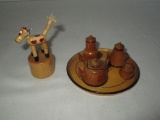 Lot - Vintage Wooden Thumb Push Toy & Miniature Carved Wood Tea Set (Approx. 2.5