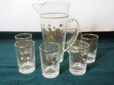 6 Gold Painted Eagle Glasses & Pitcher