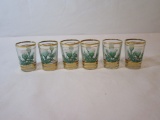 6 Shot Glasses with Hand Painted Heather in Green & Gold