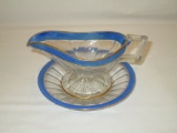 Glass Condiment Pitcher with Underplate - Trimmed in Blue  5 1/2
