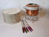 Fondue Set - 8 Divided Plates, Copper Fondue Pot & 7 Skewers