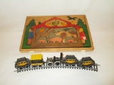 5 Train Cars & Track, Handpainted Wood Barnyard Puzzle