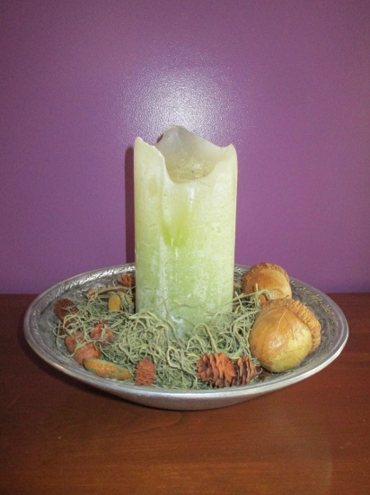 Heavy Chrome Decorative Bowl w/Candle, Moss & Fruit   12" Dia.
