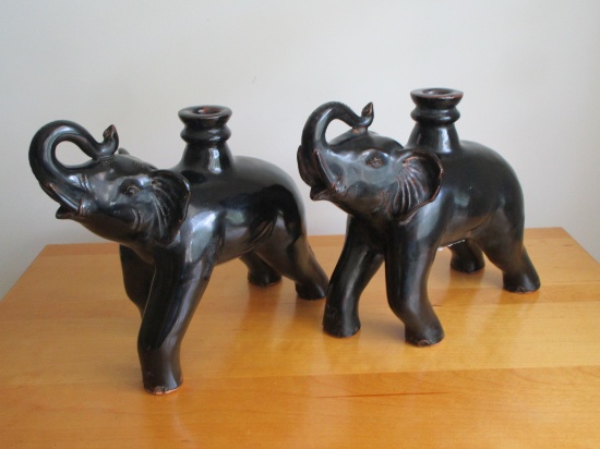 Pr. Black Ceramic Elephant Candle Holders   Approx. 9"