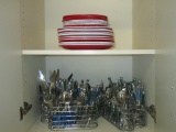 Lot - Red & White Plastic Party Plates & Huge Amount of Flatware