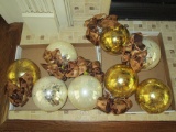 Lot - 8 Glass Ball Ornaments &  6 Bows.  Balls approx. 5 1/4