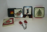 Lot - Misc. Christmas Design Coasters & 2 Santa Handled Cheese Spreaders