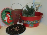 Lot - Misc. Christmas Décor - Red Metal Bucket, Trays, etc.