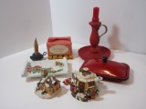 Lot - Misc. Christmas Décor Candle Holder, Dish w/Holly Berry Design, Miniature