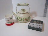 Lot - Misc. Holly Berry Design Tea Kettle, Bah Humbug Coffee Mug & Santa Handled