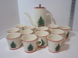 Ceramic Chocolate Pot & 12 Hot Chocolate Mugs w/Christmas Tree Designs