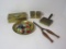 Great Brass Lot - Cigarette Box, 2 Match Box Covers all w/Jade Adornment, Brass Bowl