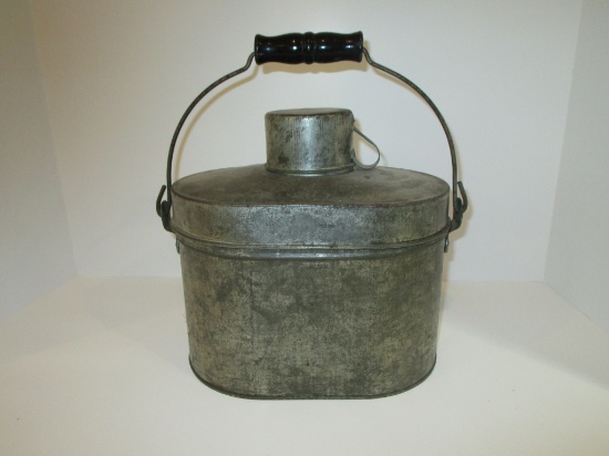 Tin Milk Pail w/Lid,  Wire & Wood Handle  9"