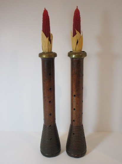 2 Woven Mill Spindles - Used as Candleholders   12" Tall