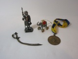 Lot - Pewter Circus Elephant, Early Mini Brass Sword w/Engraving &