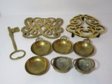 Large Lot Brass - Trivets, Brass Keys, 4 Brass Bowls & 2 Footed, Doubled Handled