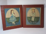 Pair Carol Blanchart Water Colors of Colonial Boy & Girl   13