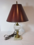 Marble & Brass Lamp w/Etched Glass Font & Paper Shade    17 1/2