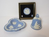 Lot - Miniature Wedgwood Blue Jasperware   Bell, Cloverleaf Bowl, Small Plaque (not Wedgwood)