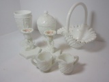 Milk Glass Lot - Basket, Candlestick, Cream & Sugars, 2 Goblets