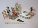 Lot - Misc. - Covered Porcelain Egg Box, Figurines, Letter opener & Other