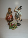2 Handcarved German Figures - Hand Painted w/Small Basket of Flowers