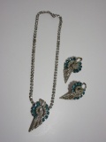 Beautiful Vintage Blue & Clear Rhinestone Necklace & Matching Earrings
