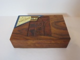 English Mahogany Tea Box w/Carved Image of Big Ben.  Strainer Included (No tea)
