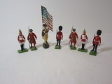 6 Metal British Soldiers by Britain Ltd, & 1 Wood Carved Revolutionary Wax Soldier