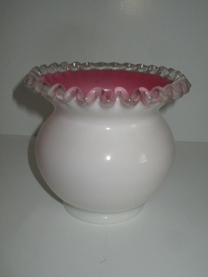 Fenton Pink Cased Glass Vase w/Ruffled Edge    5 1/2"