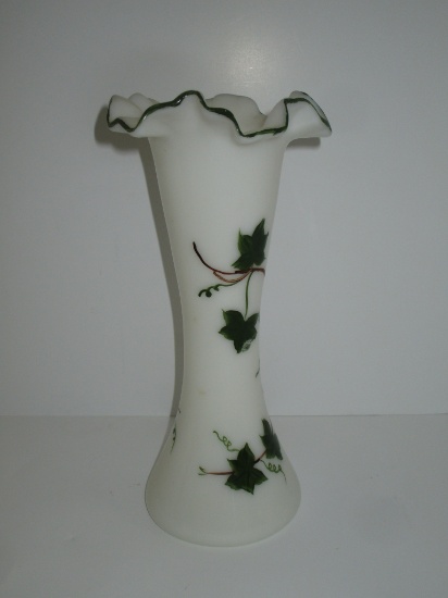 Bristol Glass Vase w/Hand Painted Ivy Design & Ruffled Edge   10"