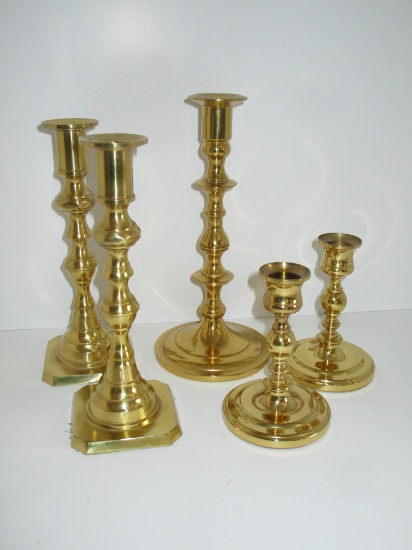 5 Brass Candlesticks  - Various Sizes