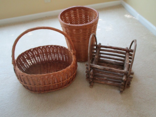 Lot - 3 Baskets - 1 Twig, 1 Oak Trask Basket, 1 Wicker  Various Sizes