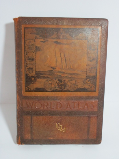 Vintage Leather Bound World Atlas © 1943.  Monogramed KJM.  Spine Loose & Minor Wear