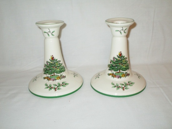 Pair Spode Christmas Tree 5 3/4" Candlesticks