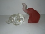 Lot - Orange Art Glass - Elephant & Clear Glass Elephant Candleholder