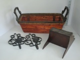 Basket Lot - W/Wood Shelf & 2 Pair Iron Candle Sconces