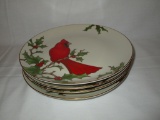 Lot - 4 Fitz & Floyd Plates - Christmas Holly Cardinal Pattern   7 3/4