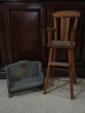 Lot - Wooden Doll Bench & High Chair