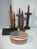 Lot - Misc. Wooden Mill Spindles made into Candle Holders, Early Comb Case, Small USA Flag Box