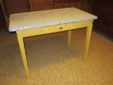 Early Enamel Top Table w/ One Drawer Wood Base, Sponge Ware Band
