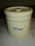 Pottery Flour Canister w/Small Blue Band  Approx. 8