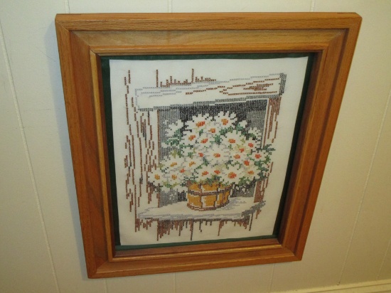 Floral Design Cross Stitch Tapestry - Framed Overall 21 3/8" X 18"