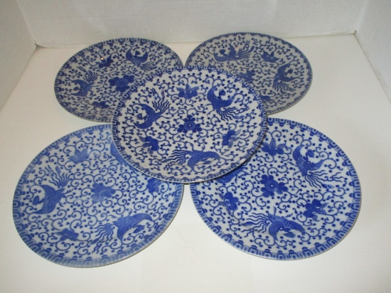 Lot - 5 Blue & White Plates w/ Phoenix Pattern -  8 3/8" Made in Japan